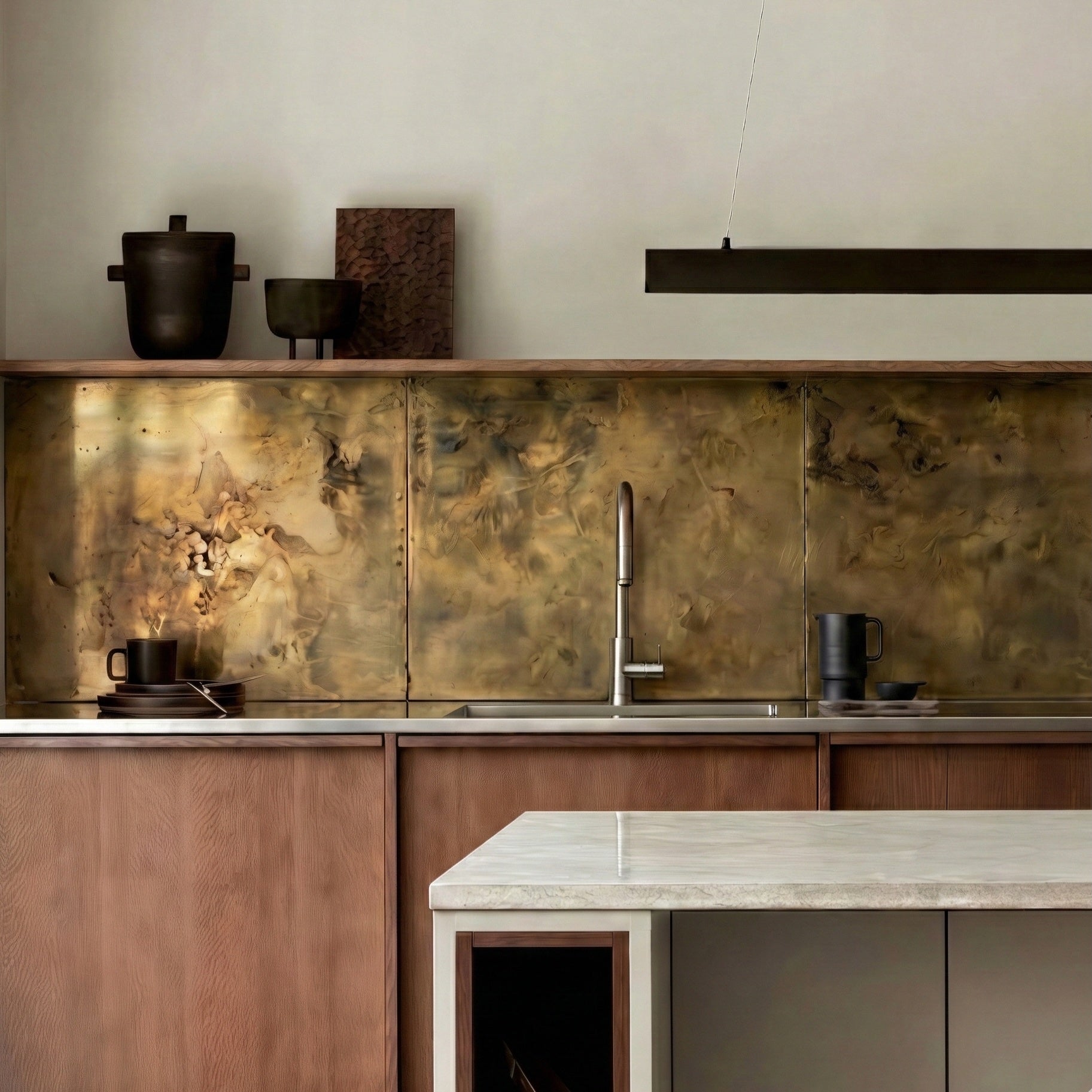 Antique brass splashback with aged patina in Japandi kitchen interior with wooden cabinets, a white stone countertop island, and stainless steel worktop