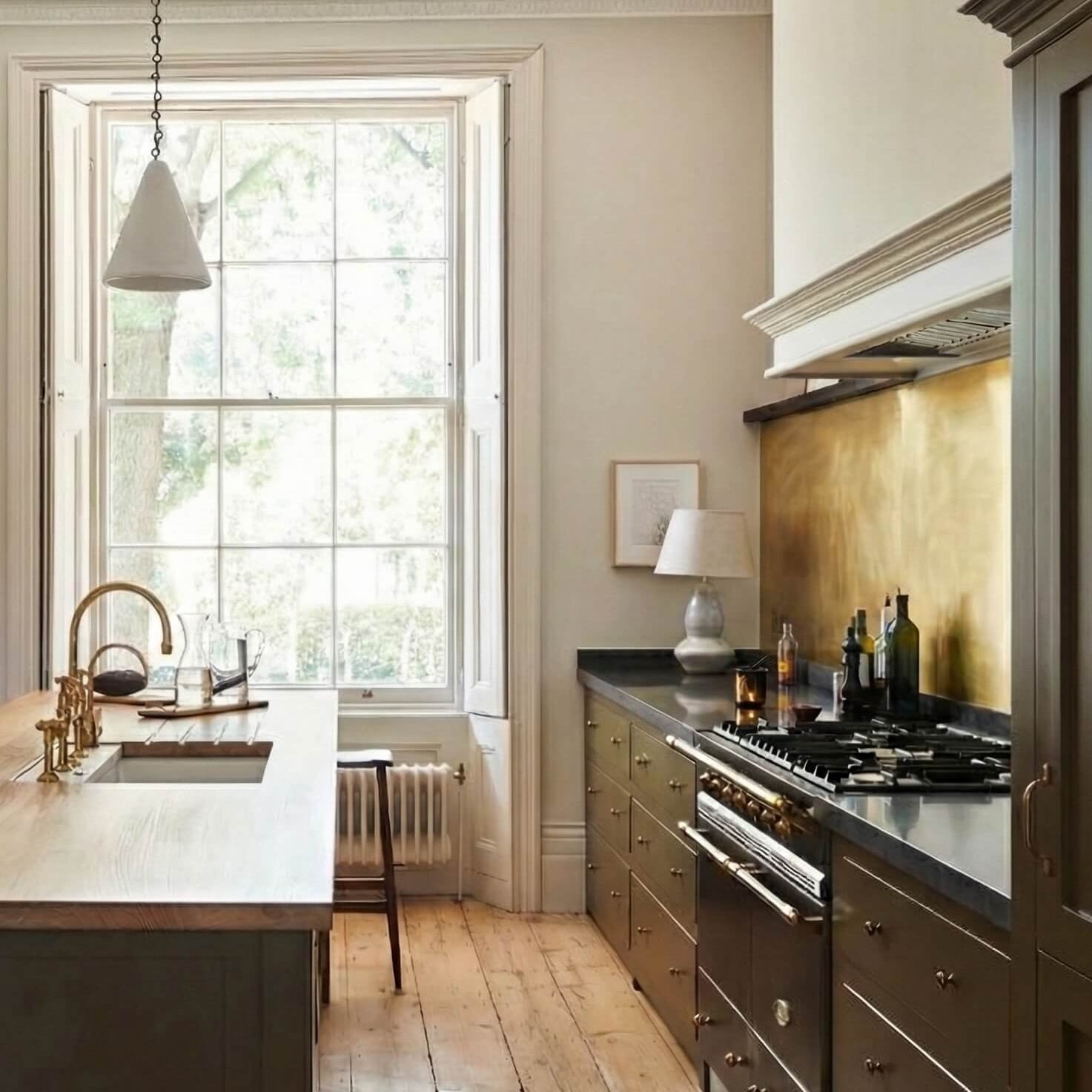 Bespoke brushed brass splashback in a Georgian house gallery kitchen with olive green cabinets 