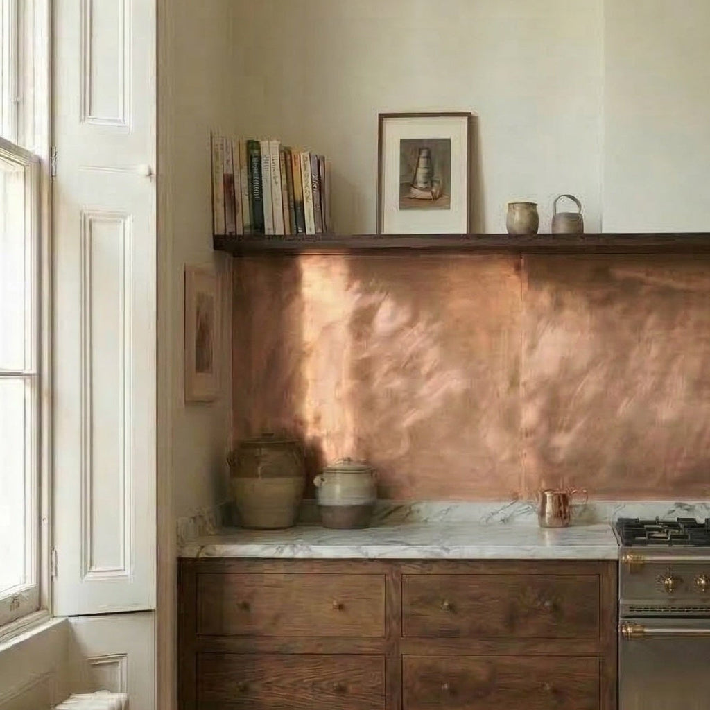 Victorian Kitchen with wooden cabinets, copper backsplash, and a large stove.
