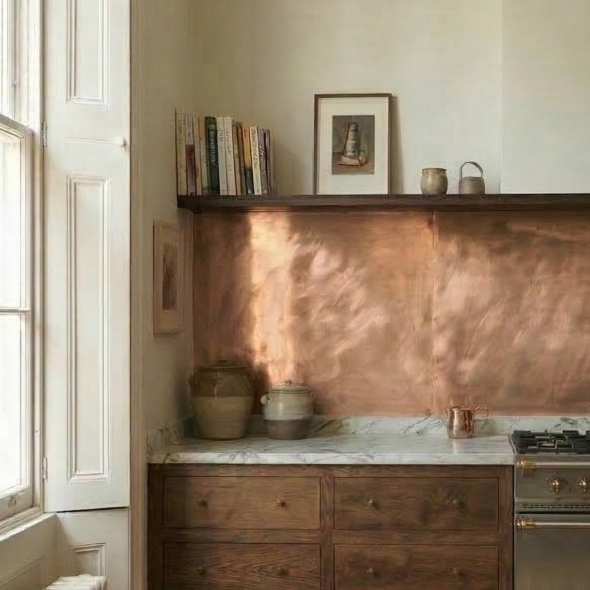 Victorian Kitchen with wooden cabinets, copper backsplash, and a large stove.
