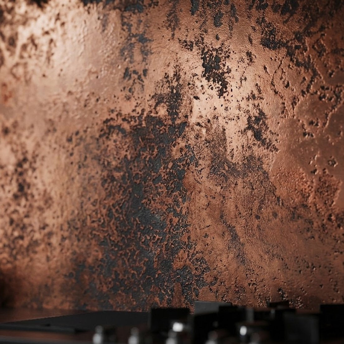 Bespoke copper cladding with textured black patina, a close-up shot featuring copper behind a kitchen hob