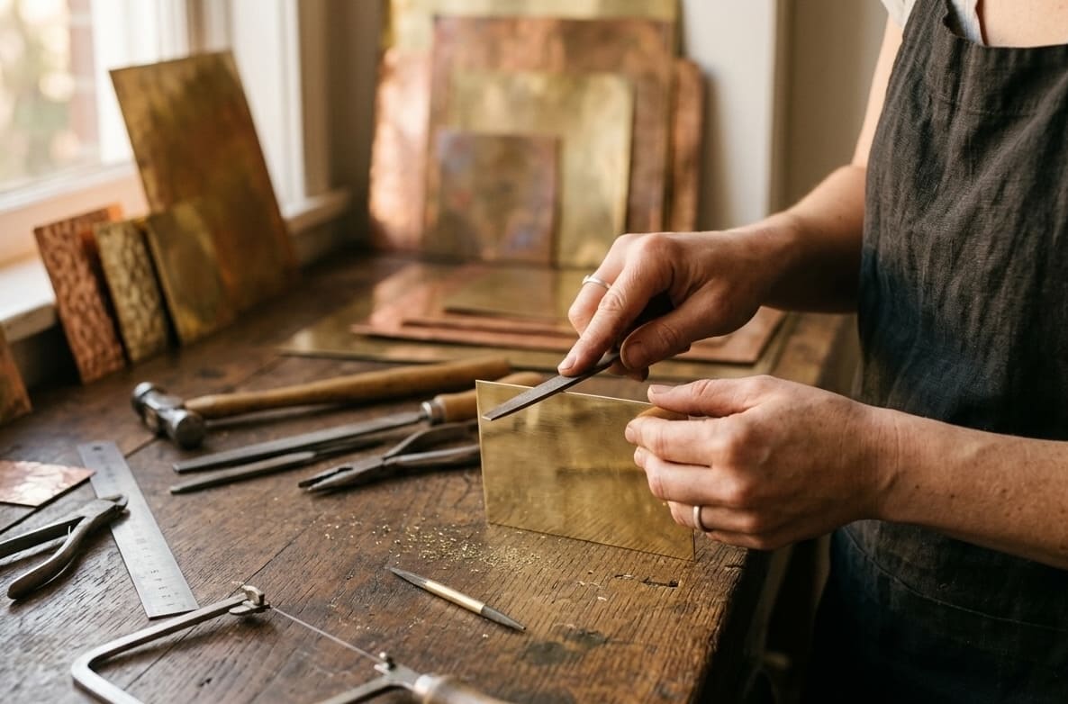 Person working with tools on a wooden workbench in a workshop setting