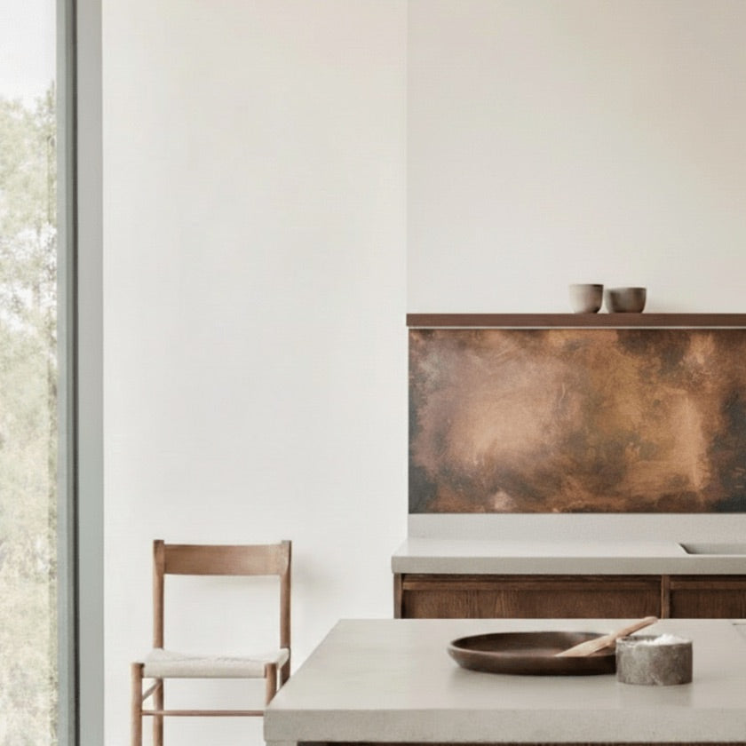 Modern and light japandi style kitchen with copper splashback set above white stone worktop 

