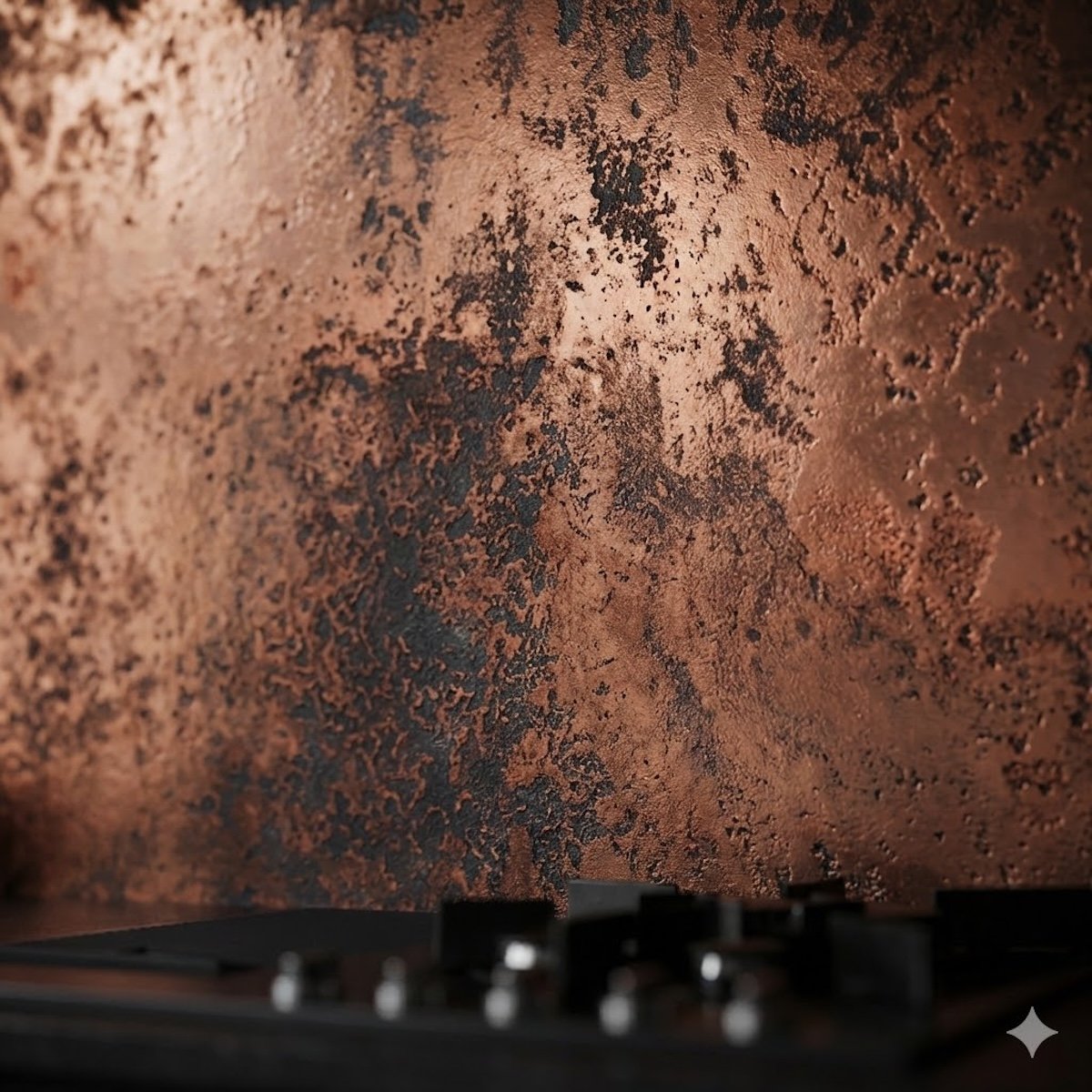 Patinated copper sheet with deep, dark textured, installed behind a gas hob